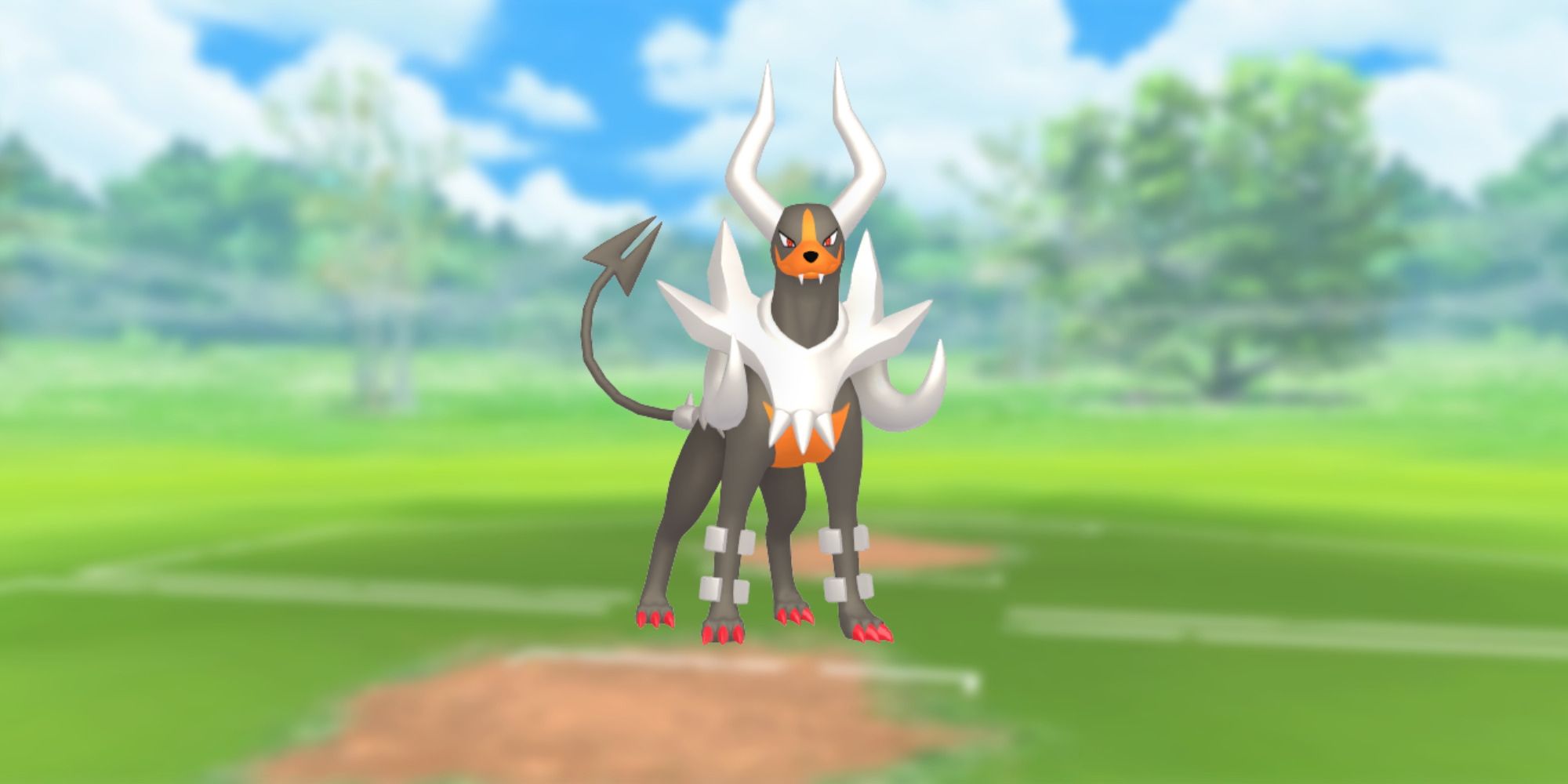 Mega Houndoom from Pokemon with the Pokemon Go battlefield as the background